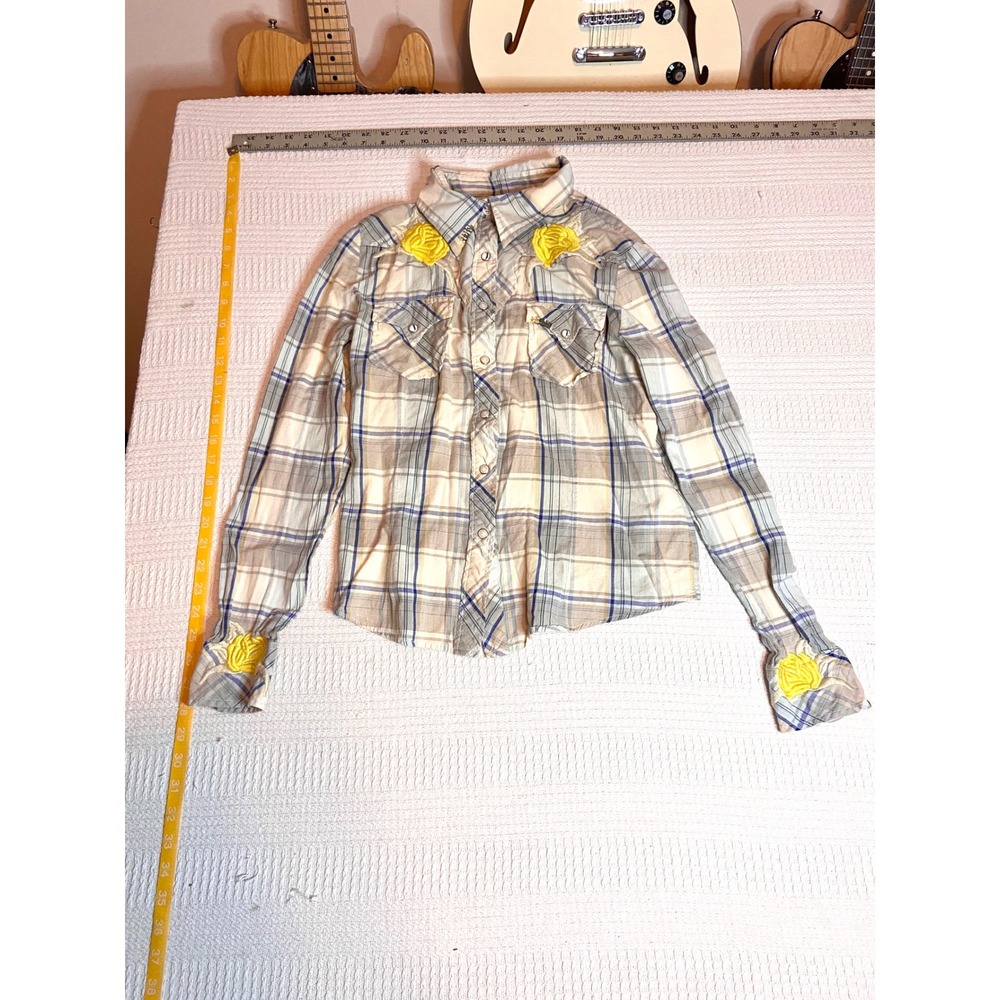 Vintage Vigoss Womens Plaid Western Snap Shirt Yellow Floral Crochet Applique